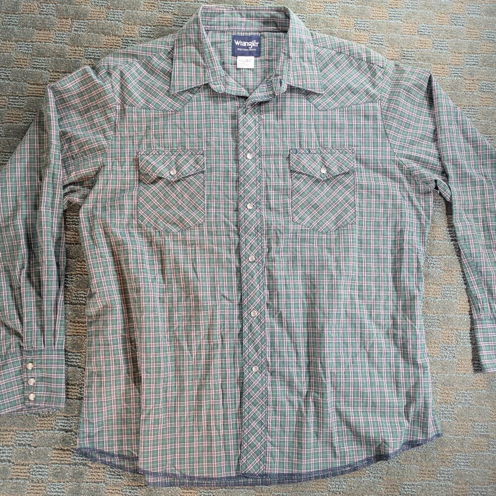 Wrangler Western Shirt Mens XL Green Plaid Pearl Snap Long Sleeve Cowboy Rodeo